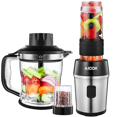 Aicok Mixer Smoothie Maker, 3 in 1 Multifunktion Mixer + Zerkleinerer + Kaffeemühle, 600ml tragbar Flasche BPA frei Tritan, (