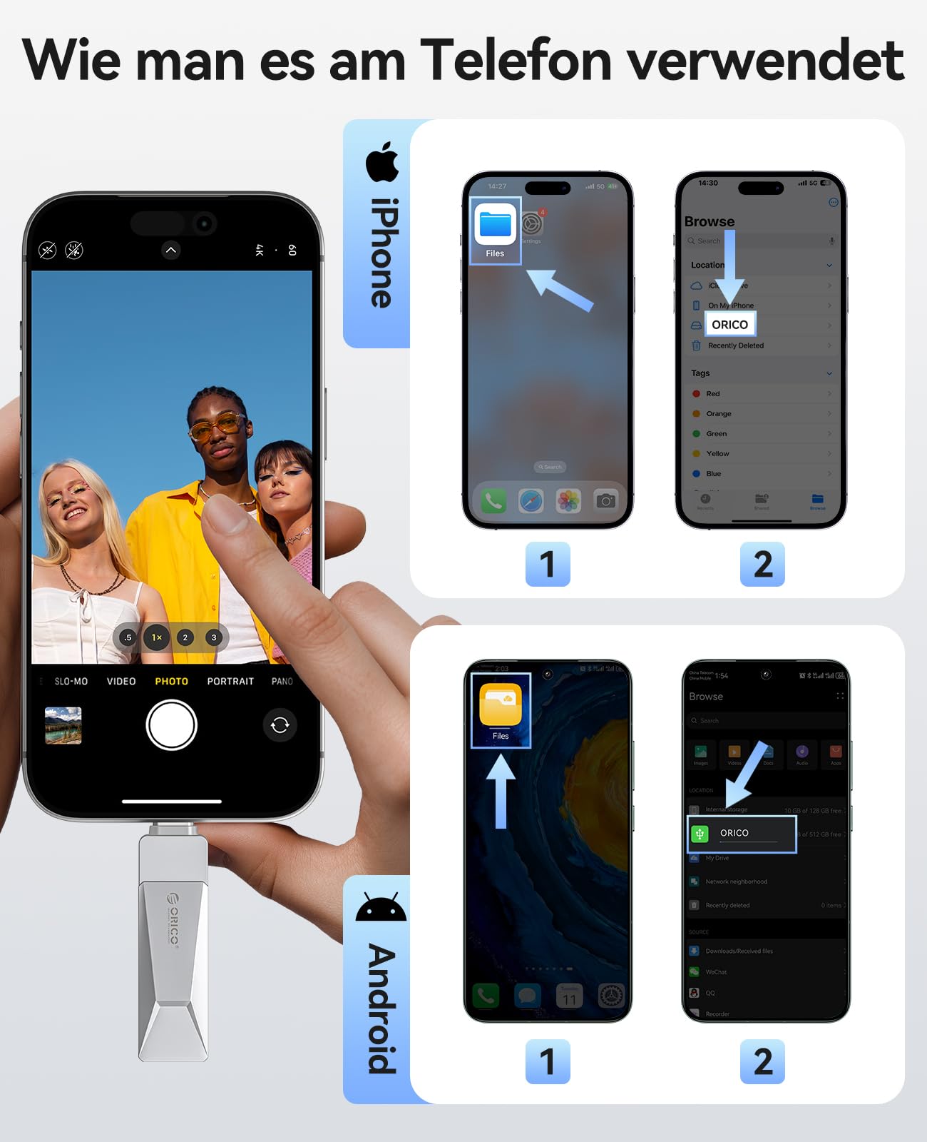 ORICO USB Stick 128GB USB C Stick Speicherstick OTG Bis zu 150MB/s 2-in-1 Typ C Flash Laufwerk Metall für iPhone 17/16/15/Android-Smartphone/Tablet/Mac/Laptop/PC, Silber, CB05 5