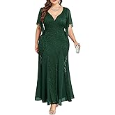 TIARALY Plus Size Wedding Guest Dress Chiffon Lace Evening Gown with Handkerchief Sleeves Cocktail Party Maxi Dress