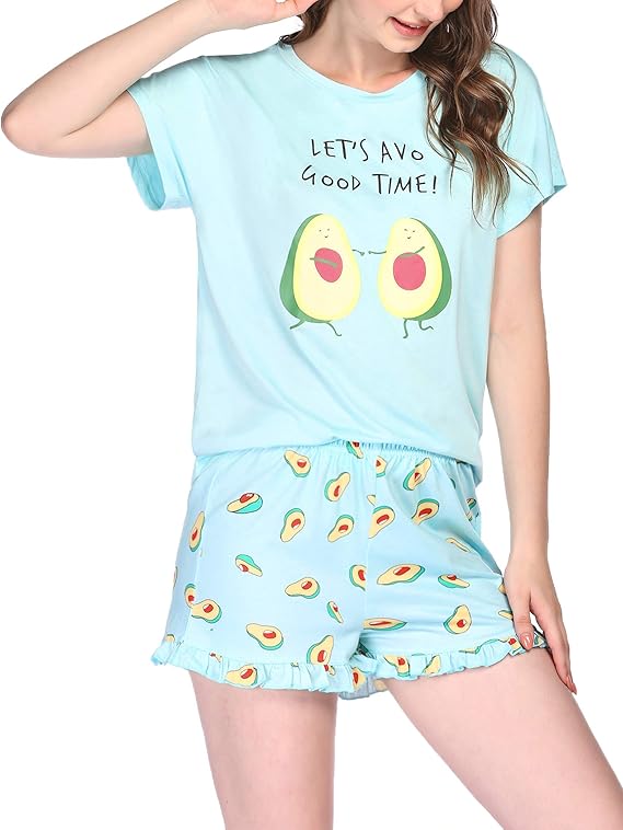 Hotouch Teen Girls PJs Cute Cartoon Print Pajama Set Short Seleeve 2