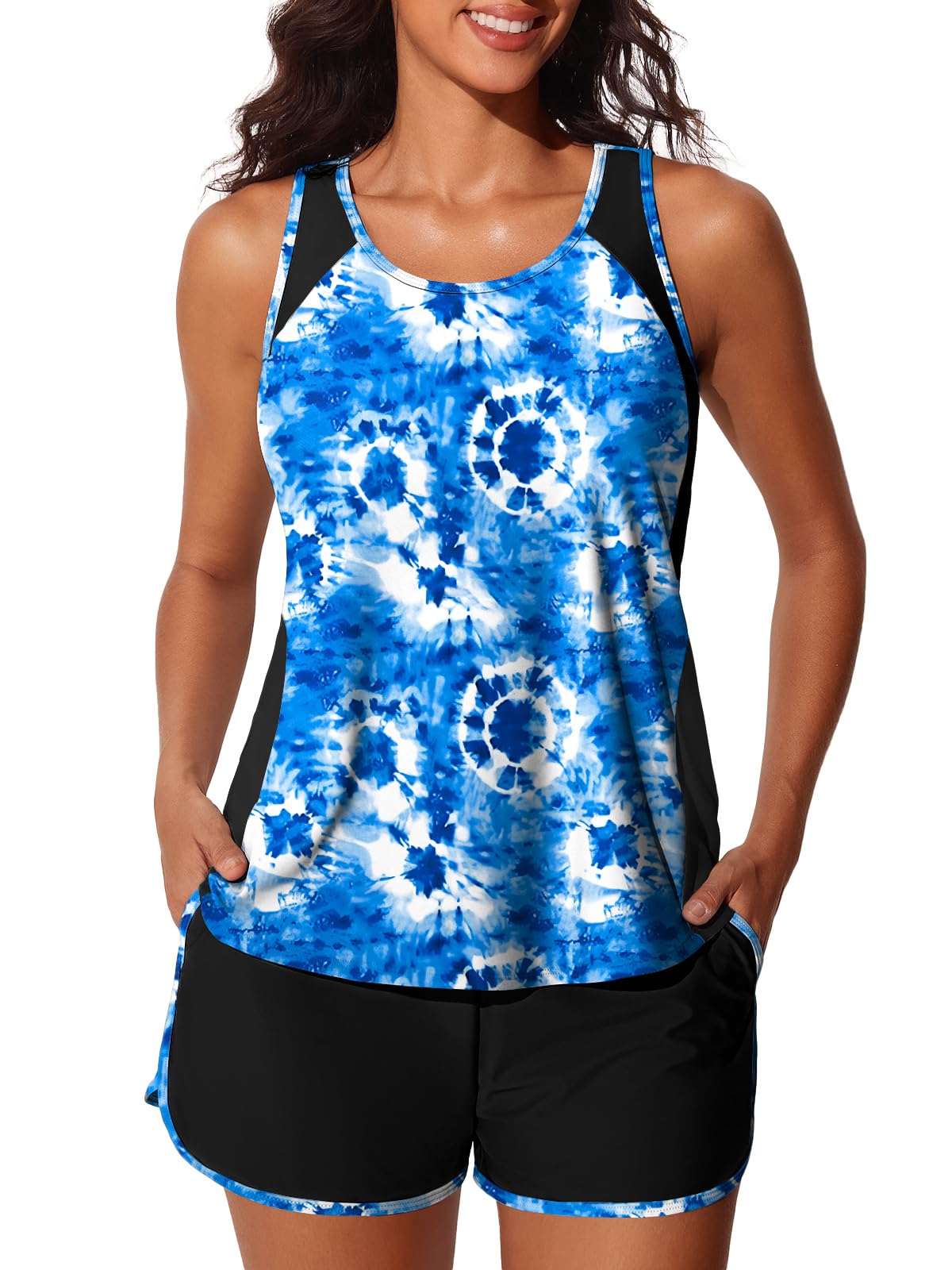 Photo 1 of Summer Mae Plus Size Tankini Swimsuits for Women 2025 Tummy Control Two Piece Bathing Suits with Pockets Swim Shorts Blue Tie-Dye Size 18 Plus