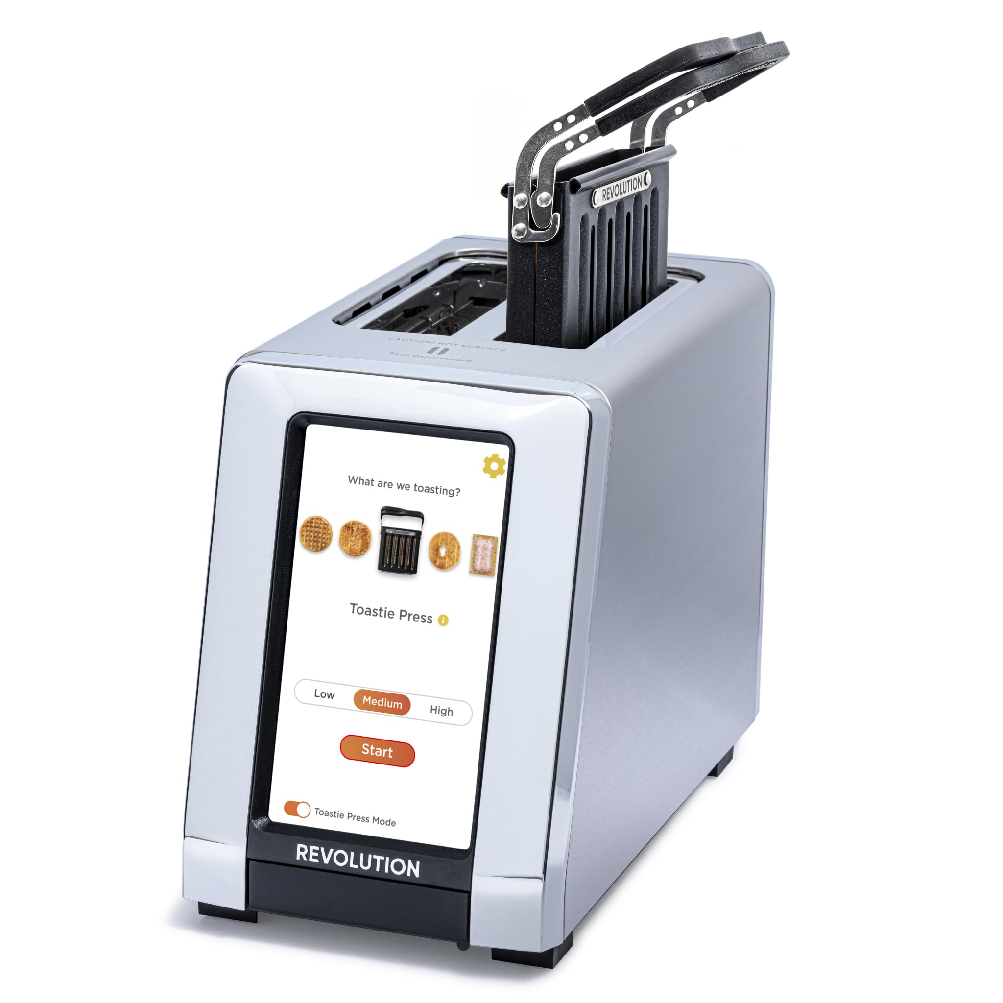 Revolution (paquete) R180 Connect Tostadora inteligente con pantalla táctil + Toastie Press: elija entre 6 tipos de pan, 7 niveles de dorado y modo Toastie Press (acero inoxidable, 2 rebanadas)
