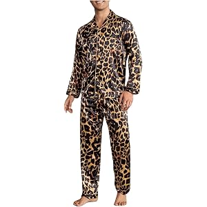 Men's Leopard Lapel Neck Button Down Long Sleeve 2 Piece Pajama Set Pants Pjs Set