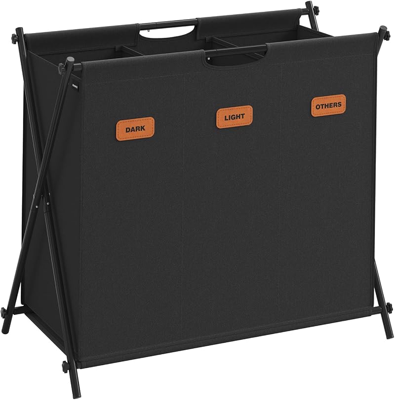SONGMICS 135 L Laundry Sorter 3 Sections Collapsible X-Frame Ink Black LCB130B01