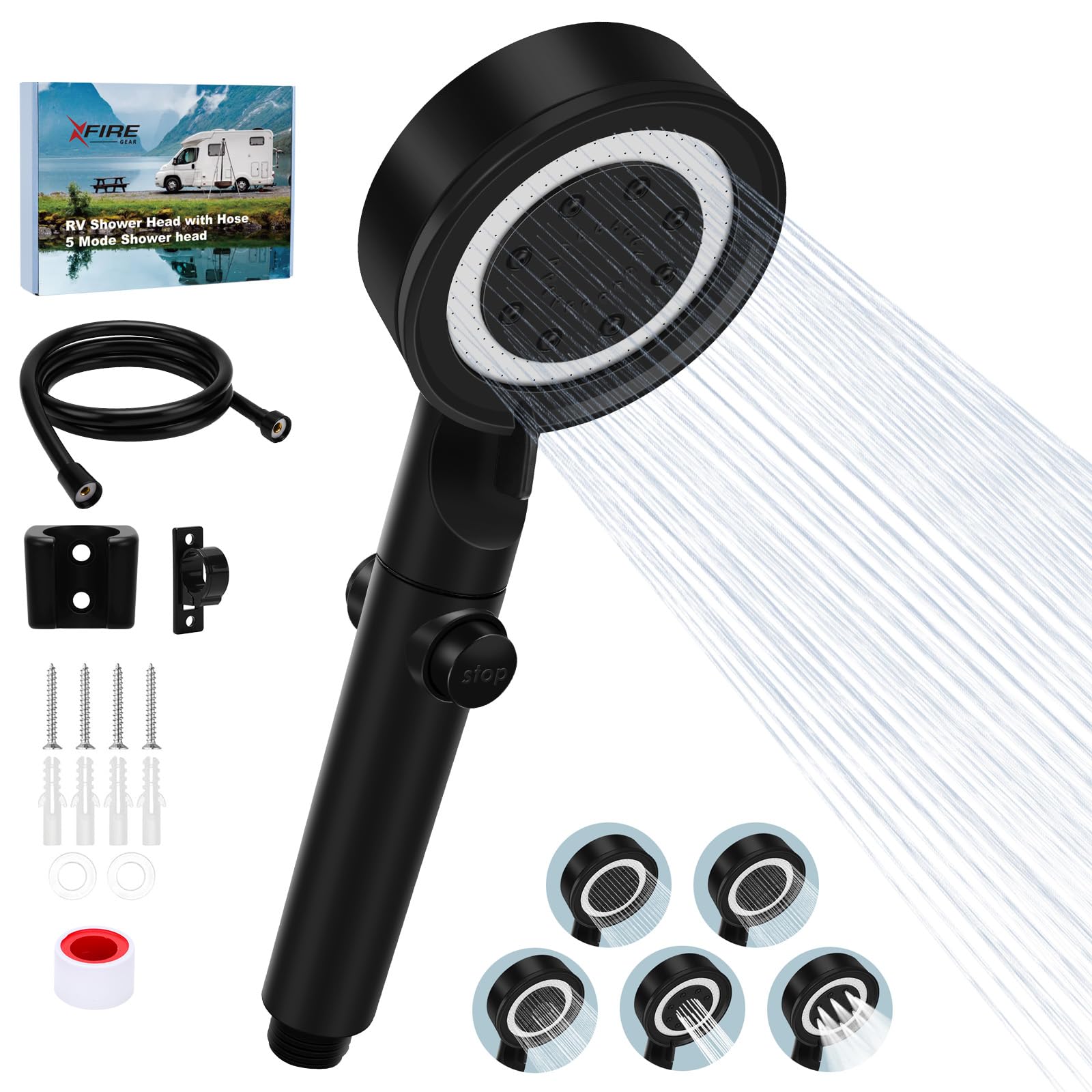 Photo 1 of RV Shower Head with Hose, 5+1 Mode High Pressure Replacement with On/Off Switch, Water Saving Motorhome Shower Head for RV/Campervan, Caravan(Black)