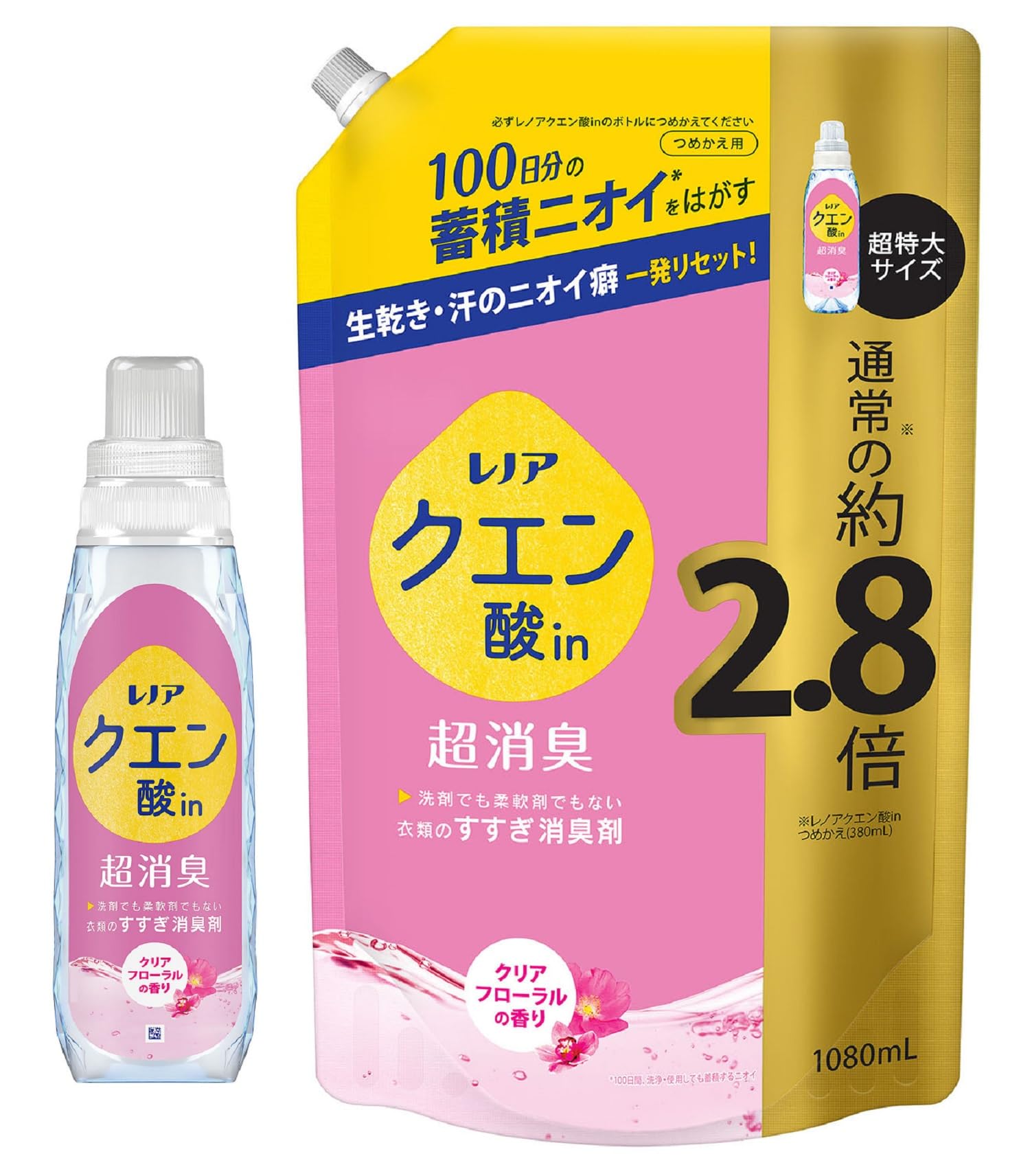 レノア 【まとめ買い】 クエン酸in 超消臭 すすぎ消臭剤 クリアフローラル 本体 430mL+詰め替え 1080mL の商品画像