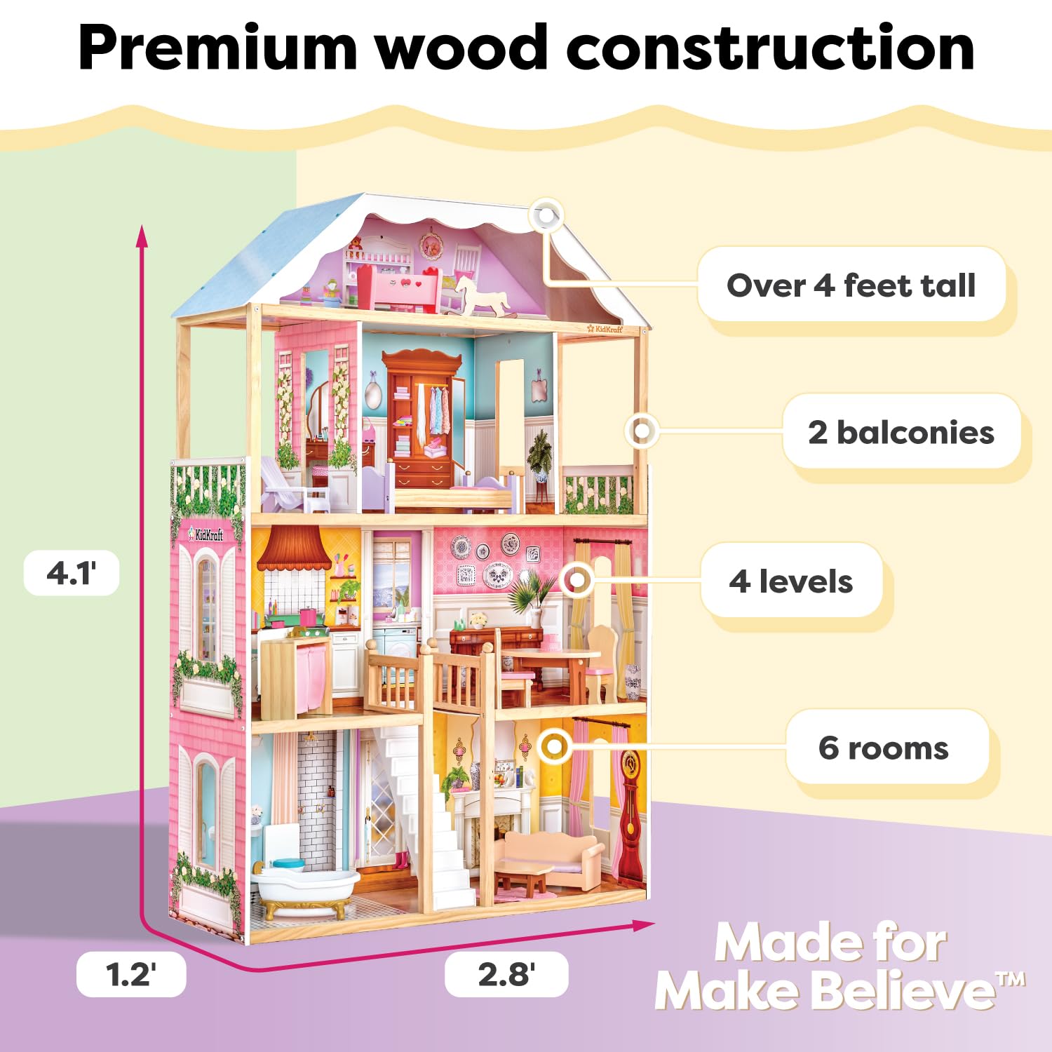 KidKraft Charlotte Classic Wooden Dollhouse with 14-Piece Accessory Set, for 12-Inch Dolls