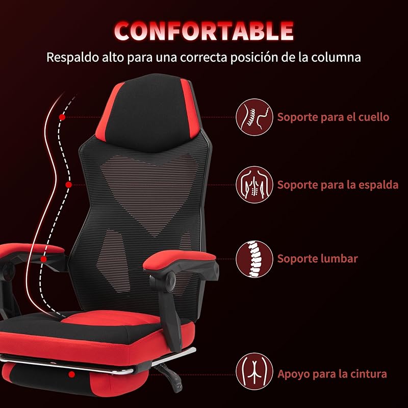 Silla Gaming Giratoria de Malla con Reposapiés Retráctil Rojo — foto 4 de 8