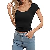 Missufe Women's Scoop Neck Short Sleeve Ribbed Knit Slim Fit Casual Basic T Shirt Crop Top 2025 Trendy Outfits