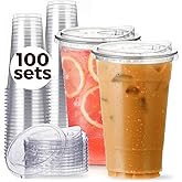 100 Pack 24 oz Clear Plastic Cups with Strawless-Sip-Lids, Disposable Cups Plastic Iced Coffee Cups, To Go Cups with Sip Through Lids for Smoothie, Milkshake, Cold Drinks for Party, Wedding, Event