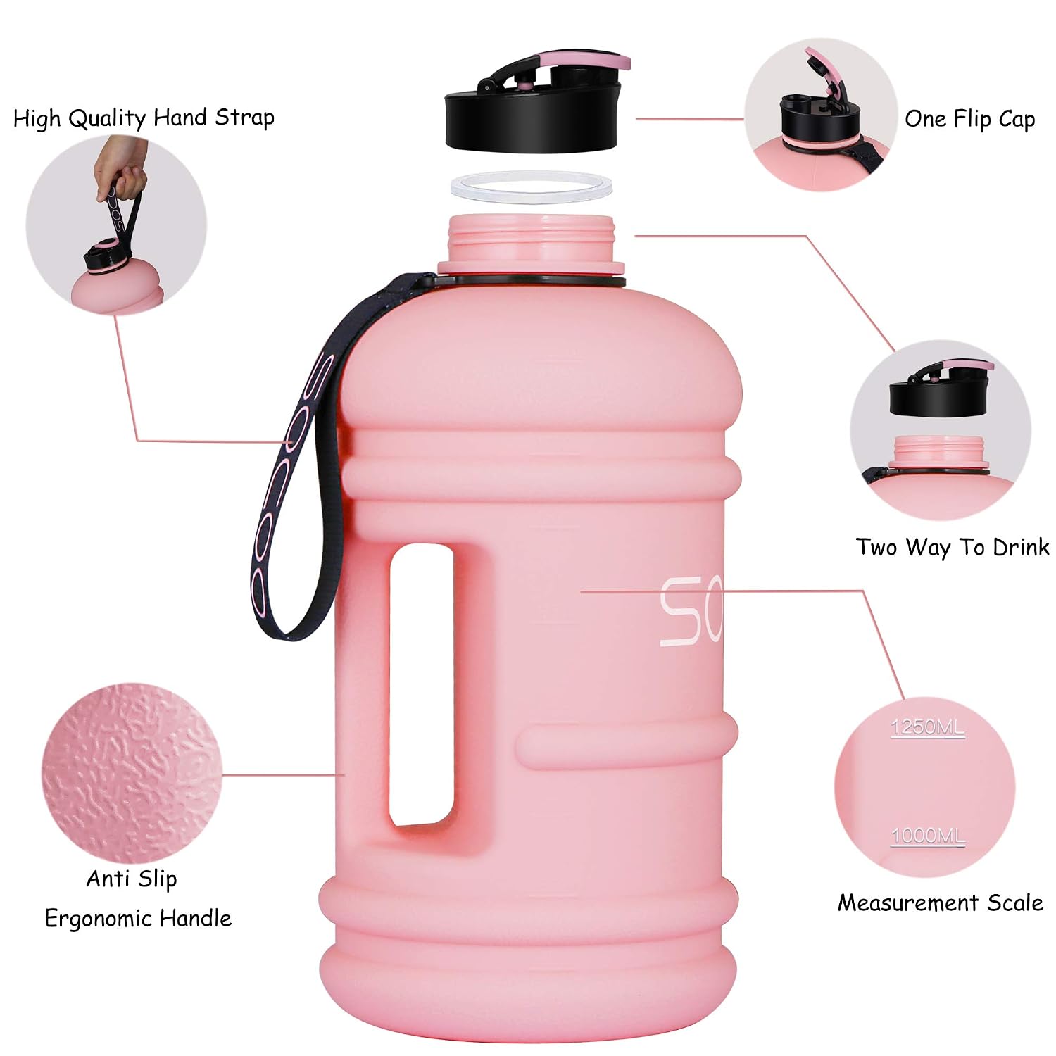 Half Gallon Water Bottle BPA Free 2.2 Litre Big Water