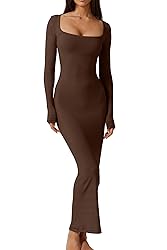 QINSEN Womens Soft Lounge Long Sleeve Dress Ribbed