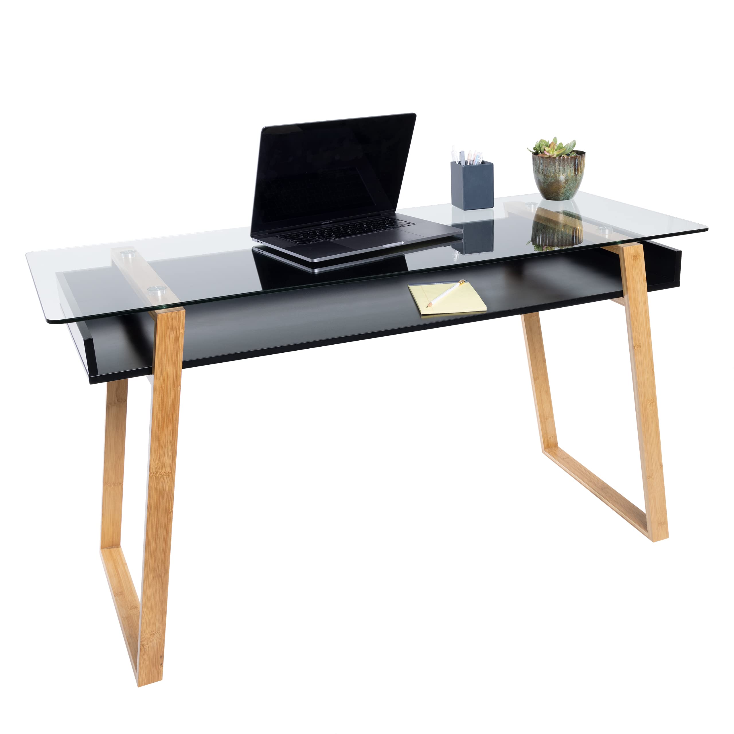 Photo 1 of *** MISSING GLASS TOP ****bonVIVO Massimo Small Desk - 55 Inch, Modern Computer Desk for Small Spaces, Living Room, Office and Bedroom - Study Table w/Glass Top and Shelf Space - Black