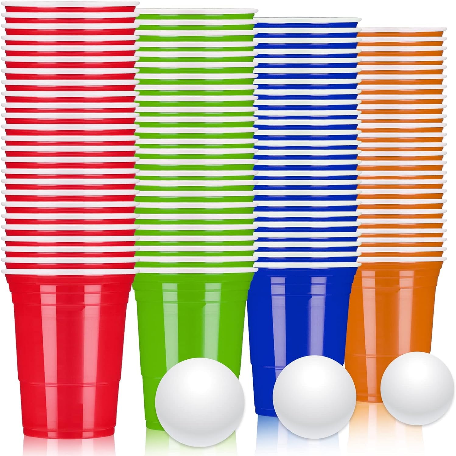 LATERN 100Pcs Reusable Plastic Cups, 360ml Beer Pong Cups Set with 25 Red Cup, 25 Blue Cup, 25 Green Cup, 25 Orange Cup, 10 Games PingPong Balls for Christmas New Year's Eve Wedding Party