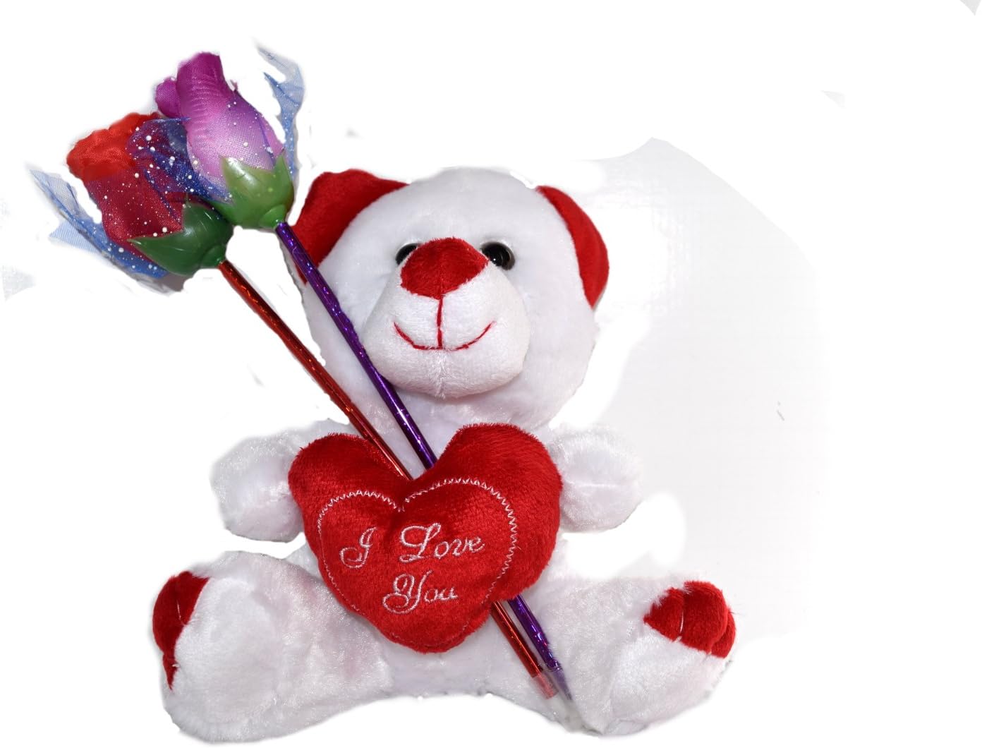 I Love You Red and White Teddy Bear with Two Ink Pen Roses,Plush:TB5
