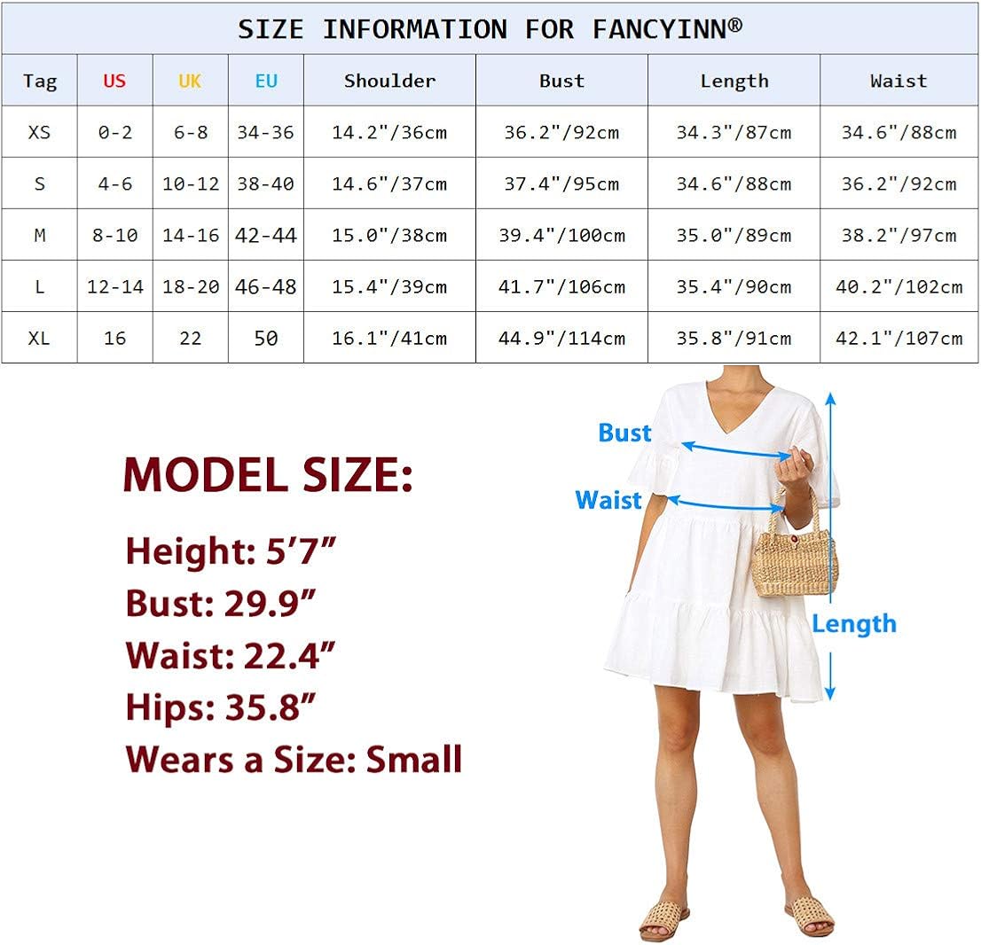 FANCYINN Women’s Cute Shift Dress with Pockets Fully Lined Bell Sleeve Ruffle Hem V Neck Loose Swing Tunic Mini Dress at  Women’s Clothing store