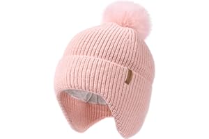 CAMPTRACE Toddler Baby Winter Hat Warm Fleece Lined Knit Kids Hat with Earflap Infant Newborn Pom Pom Beanie Knit Cap Girls Boys