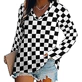 SEPTYK Black White Race Checkered Flag Pattern Women Long Sleeve Tops V-Neck T-Shirt Casual Loose Graphic Pullover Tee