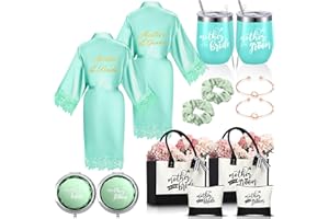 Suhine 14 Pcs Mother of The Bride and Groom Gifts Set Wedding Satin Robe Canvas Tote Bag with Makeup Bag 12 oz Tumbler Cup Sm
