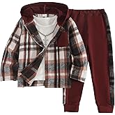 Azmxynol Boys Clothes Plaid Hooded Shirt 2pcs Outfit, Button Front Toddler Fall Winter Hoodie & Sweatpants Set, 4-8 years