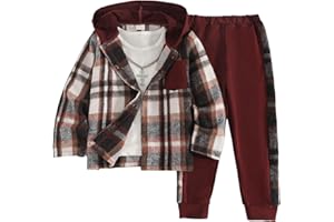 Azmxynol Boys Clothes Plaid Hooded Shirt 2pcs Outfit, Button Front Toddler Fall Winter Hoodie & Sweatpants Set, 4-8 years