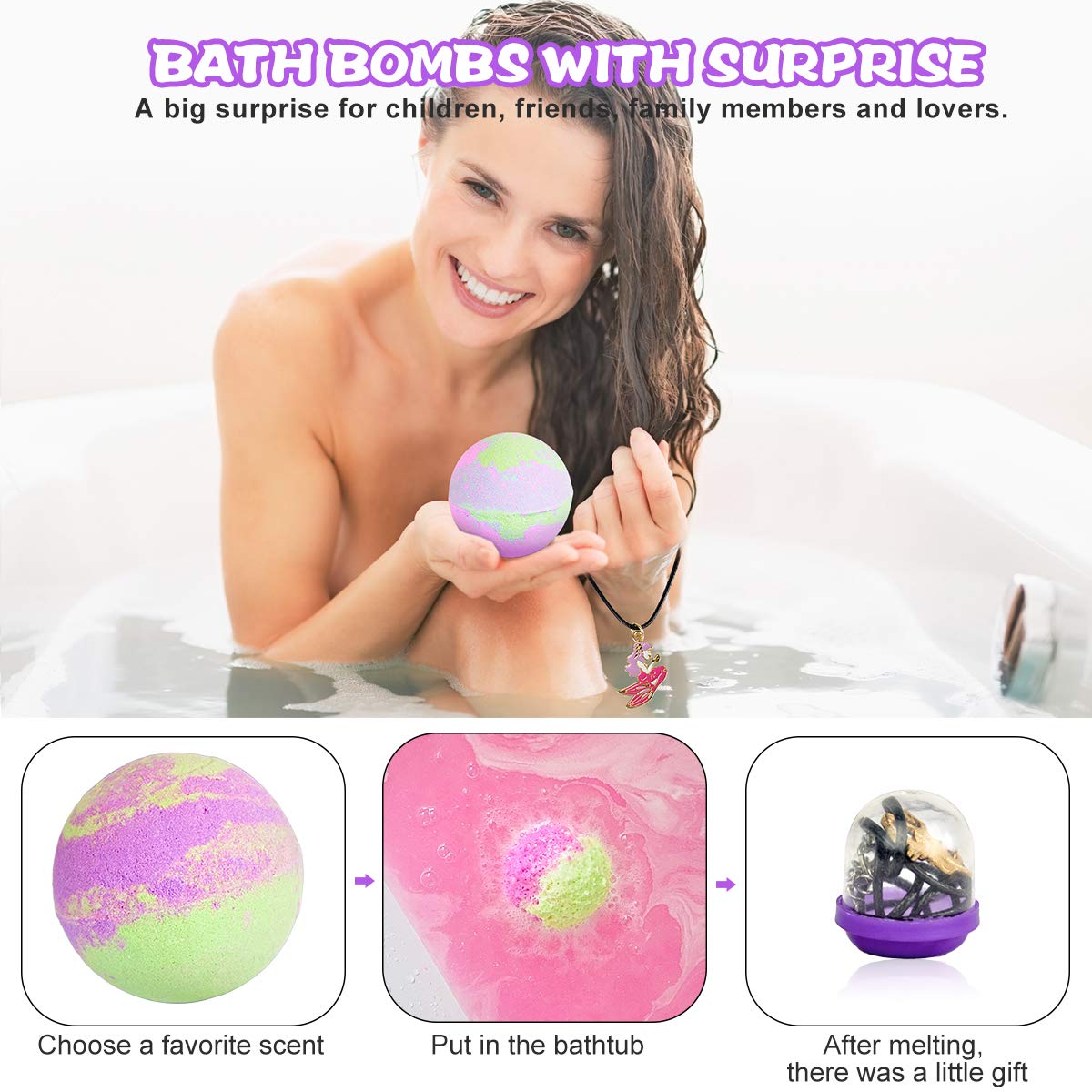 Bath Bombs with Surprise Necklaces – 6 X 5.5 oz Bubble Bath Fizzies for Kids Unicorn Bath Bombs Gift Set for Women Girls Birthday Christmas Anniversary