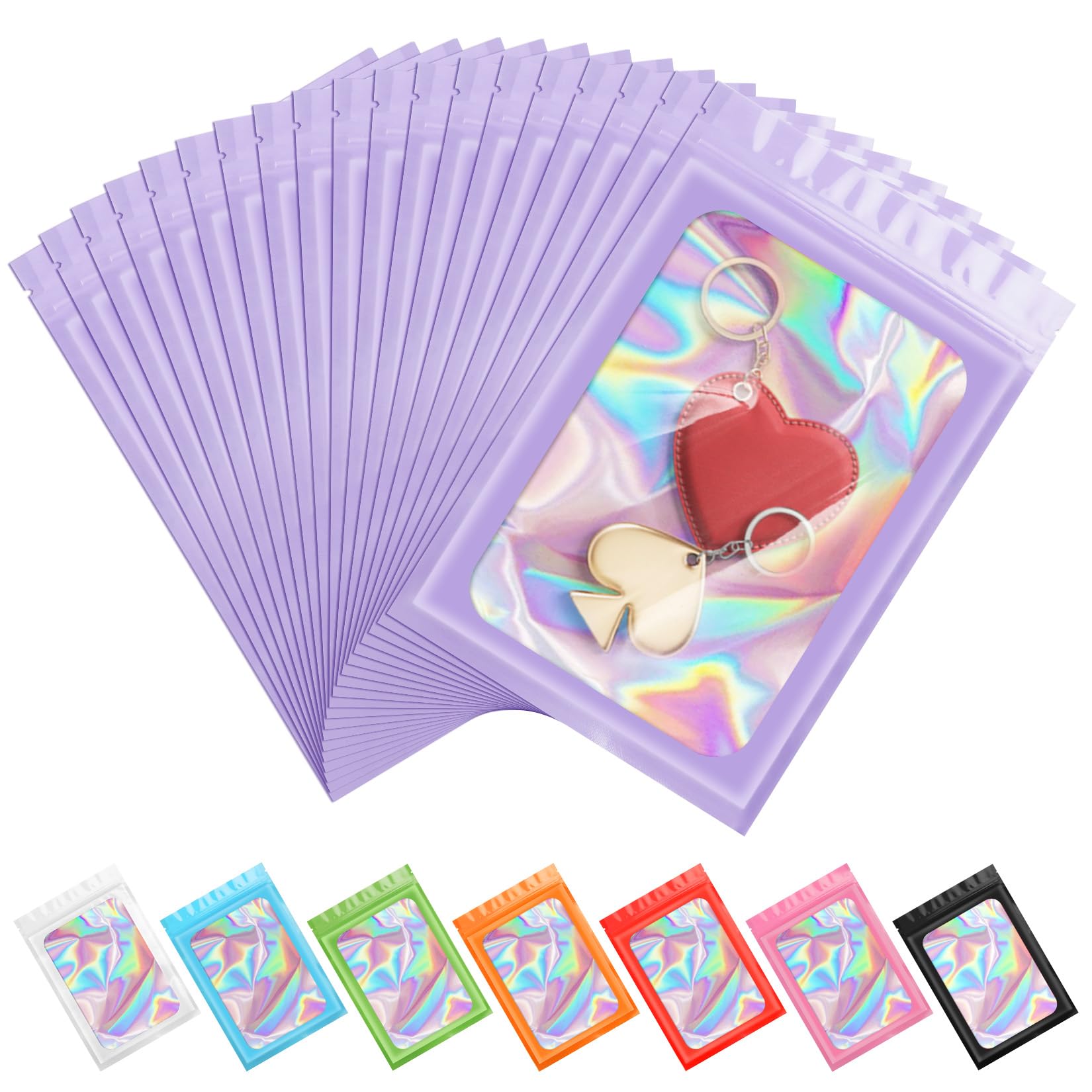 Photo 1 of 100 Pieces Smell Proof Mylar Bags, Holographic Packaging Bags, Resealable Odor Foil Pouch Zipper Bag with Clear Window for Food Storage Easter Candy Lipgloss, Jewelry Lash (Purple, 3 x 4.7 Inch)