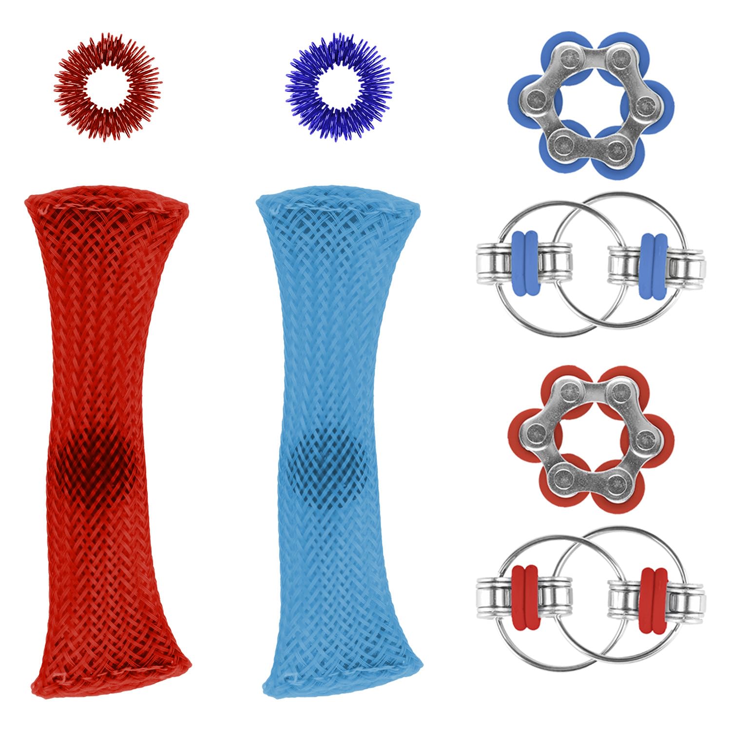 Hopzab 8 PCS Fidget Toy Set for Stress & Anxiety Relief, Portable Sensory Toys for Adults & Teens, Includes Roller Chain, Key Flippy Chain(Blue,Red)