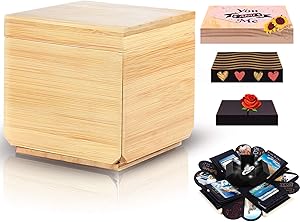 Kicpot Wooden Album Box , Creative DIY Photo Album,Explosion Gift Box,Wood Scrapbook Box Surprise Gift for Valentines Day Wedding Birthday Anniversary Mother's Day