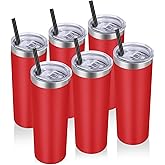 VEGOND 20 oz Stainless Steel Skinny Tumbler with Lids and Straws, 20oz Vacuum Insulated Slim Tumbler Cup, Double Wall Travel Tumblers Bulk for Cold Hot Drinks, Red 6 Pack