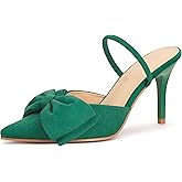 LOOPCHARM Women's Closed Pointed Toe Slingback Pumps with Big Bow Elastic Strap 3.5 Inch Stiletto Heels Dress Shoes