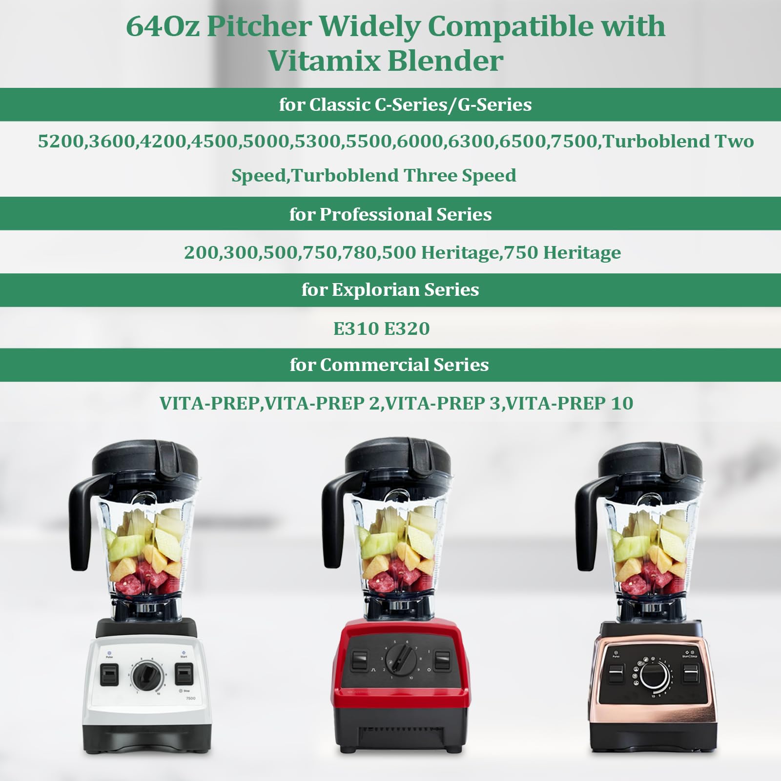 For Vitamix Blender Pitcher 64oz Low-Profile, Replacement Container Cup Compatible with Vitamix 5300, 6500,750,7500, 4500, 5000, 5200, 6000, 6300, 200,300,500,780, full 2-Year-Warranty