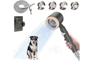 BRACEMUNDO 5 Mode Dog Shower Attachment, Soft Brush Dog Shower Head with ON/OFF Switch, 6.5 Feet Stainless Steel Shower Hose, Adhesive Shower Holder, Dog Washing Station for Home Indoor Use