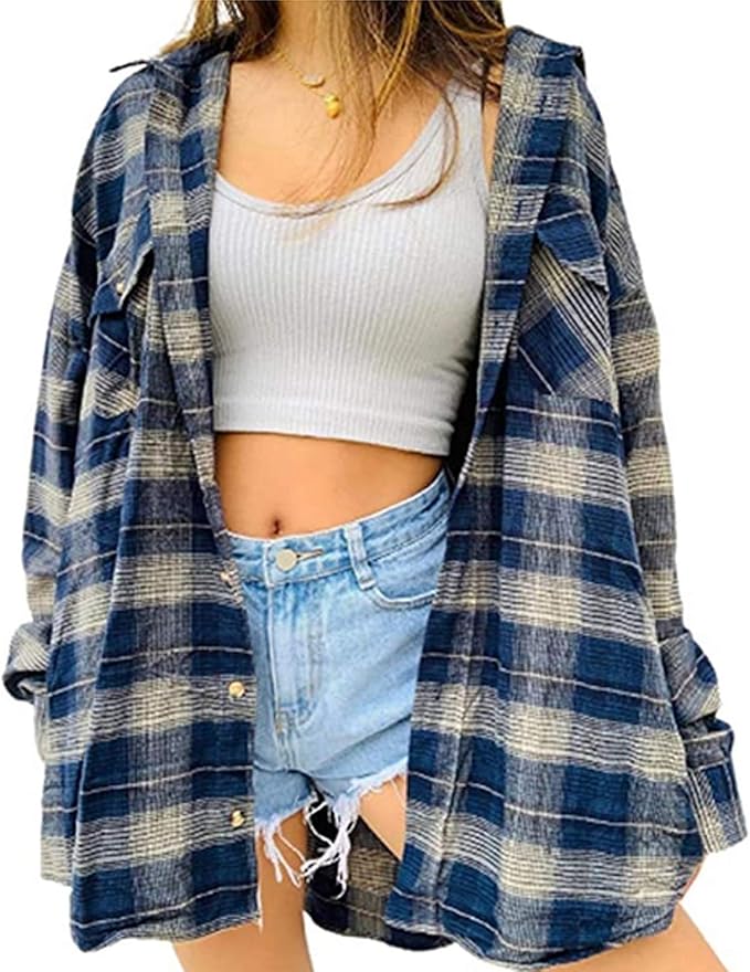 YILEEGOO Women's Plaid Jacket, Vintage Oversized Plaid Jacket Coat