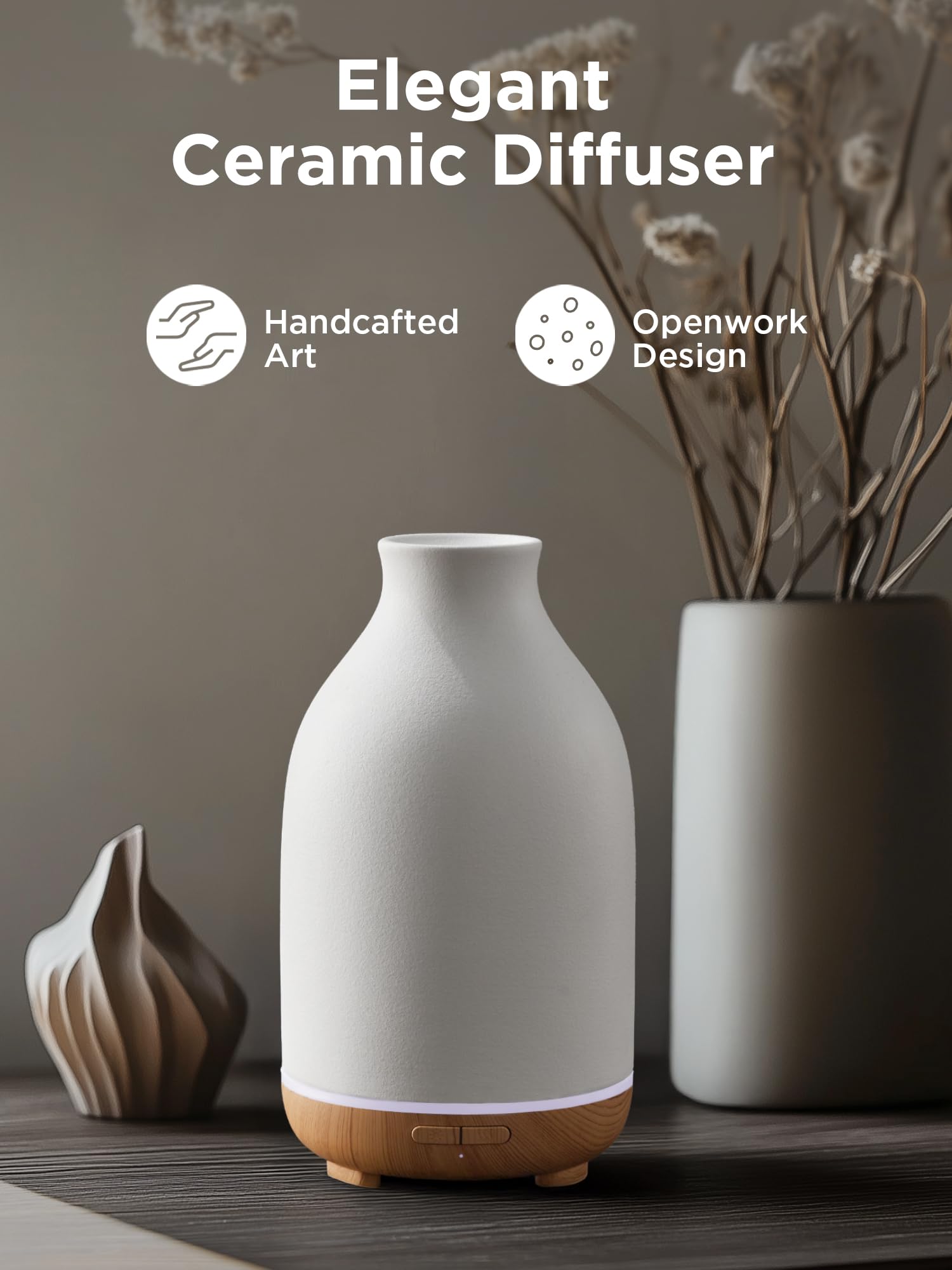 InnoGear Essential Oil Diffuser, 150ml Ceramic Stone Diffuser Handcrafted Aromatherapy Diffusers Ultrasonic Cool Mist Humidifier Vaporizor with 2 Mist Modes Waterless Auto Off for Room Office, White