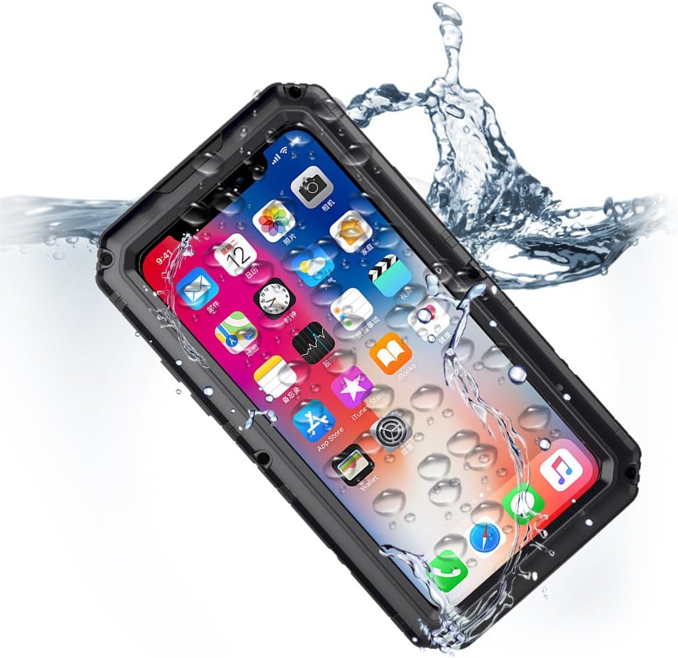 Compatible iPhone X Case, Waterproof Cell Phone Case for Apple Phone 10 with Stand, Shockproof Military Grade Heavy Duty Silicone with Screen Protector Full Body Metal Cover Black