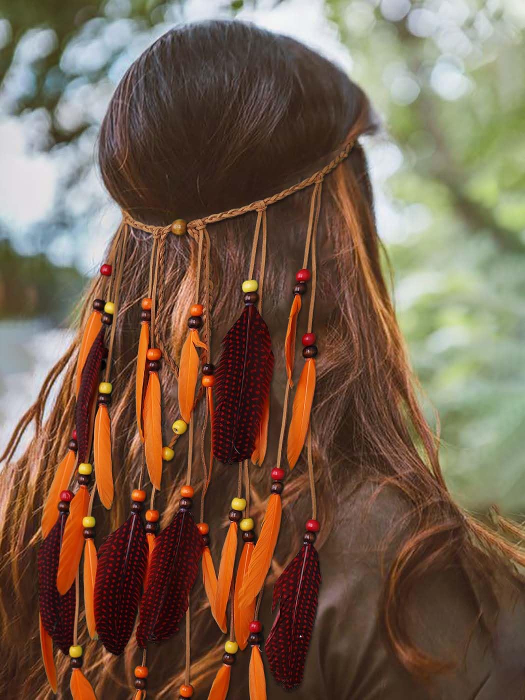 IYOU Boho Feather Headbands Orange Hippie Headpiece Tassel Headdress Gypsy India Hair Accessories for Women and Girls
