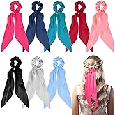 8 PCS Hair Scarf Scrunchies for Women, Satin Hair Ties with Bows Ponytail Holders with Long Ribbon Satin Accessories for Women Ponytail Thick and Thin