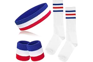 ONUPGO 5 Pieces Sweatbands Striped Socks Set Sports Headband Wristbands High Tube Socks 80s Accessories Costumes