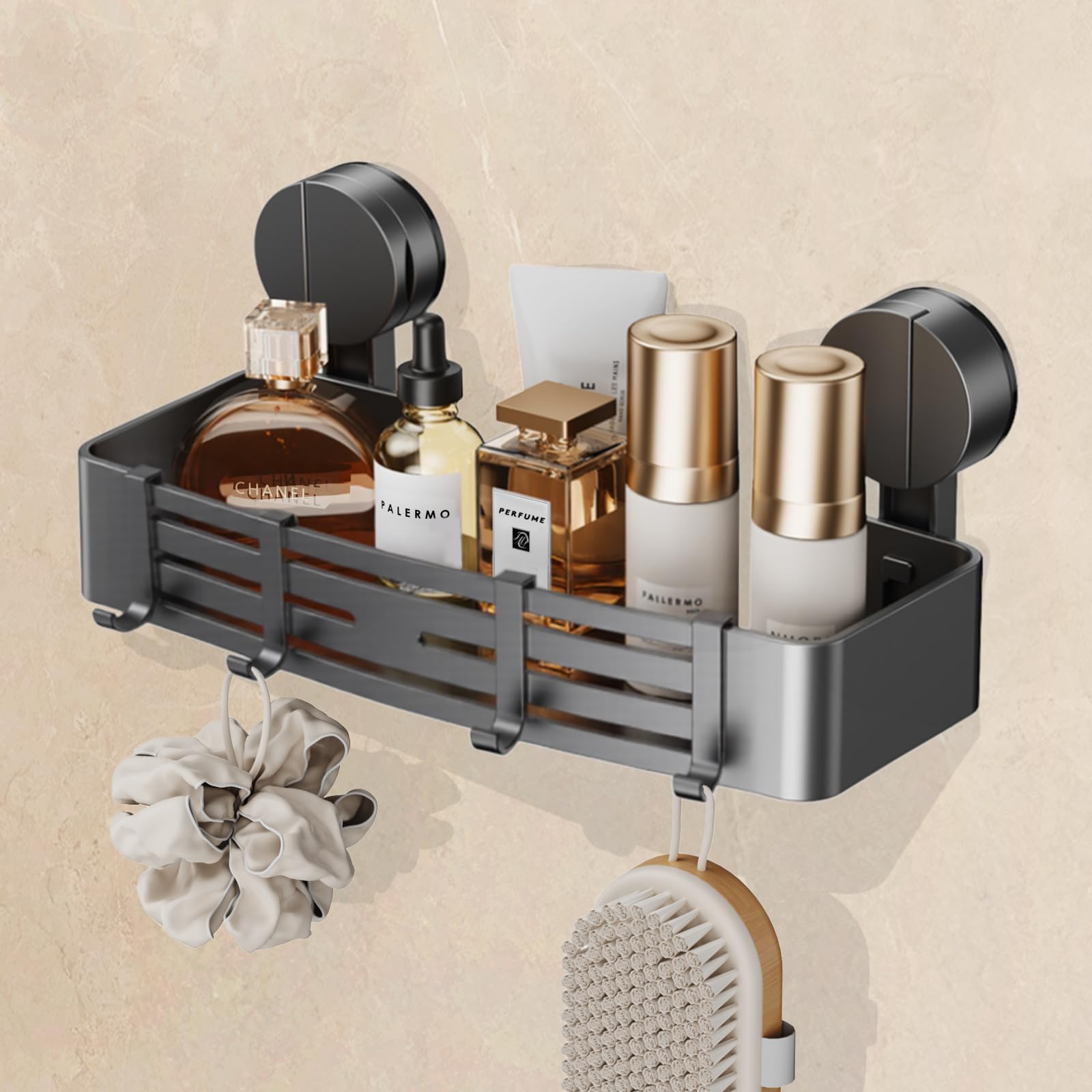 Photo 1 of FERCOSEN Suction Cup Shower Caddy Without Drilling | 4 Hooks, 32 cm Length, 10 kg Load Capacity, 1-Minute Installation | Removable and Rust-Free Shower Shelf