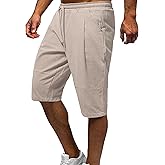 HangNiFang Men's Long Linen Shorts Below Knee Pocketed 3/4 Summer Drawstring Capri Pant
