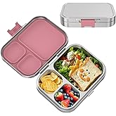 LOHASOK Stainless Steel Bento Lunch Box, 3-Compartment Food Container Large 800ML Metal Bento Box for Kids or Adults with Lockable Clips to Leak Proof Pink