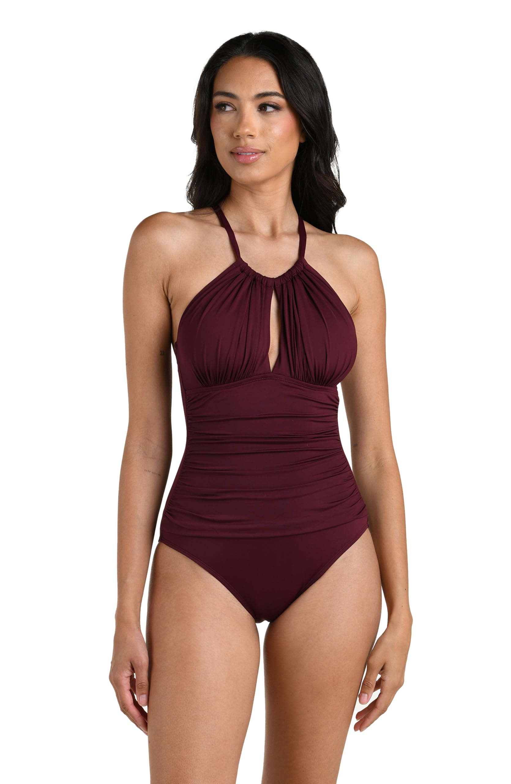La Blanca Women’s Island Goddess High Neck Keyhole One Piece Swimsuit, Dark Cherry, 16