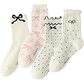Yawlsow 4 Pairs Bow Ruffle Socks for Woman Frilly Crew Socks With Bow Cute Lettuce Edge Cotton Breathable Ankle Sock Soft Knit Princess Sock for Girl