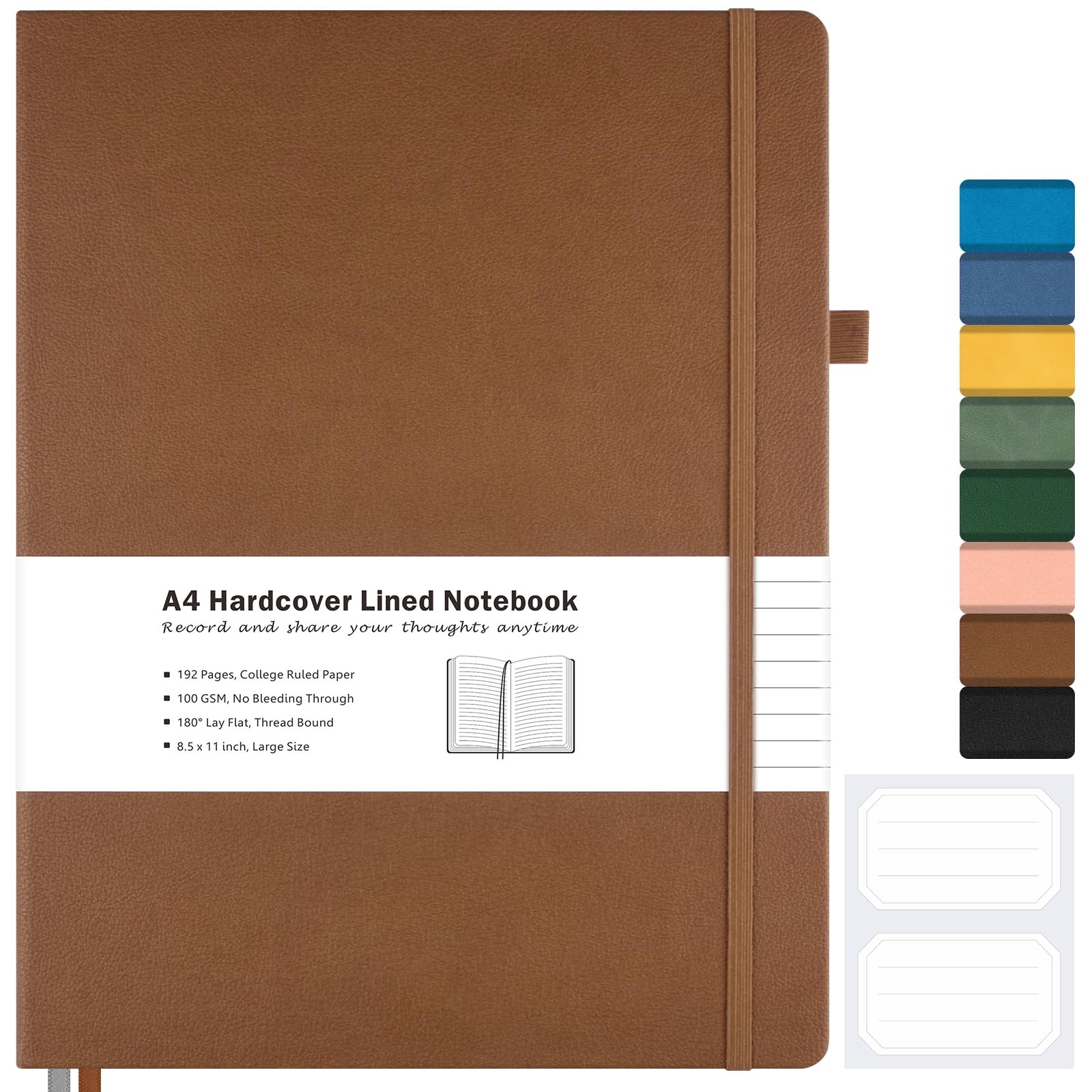 Photo 1 of College Ruled Notebook, A4 Hardcover Leather Notebook for Work, Lined Notebook Journal for Women, Men, 192 Thick Paper, 8.5" x 11", Large Notebook with Pockets, Professional Business Notebook, Brown
