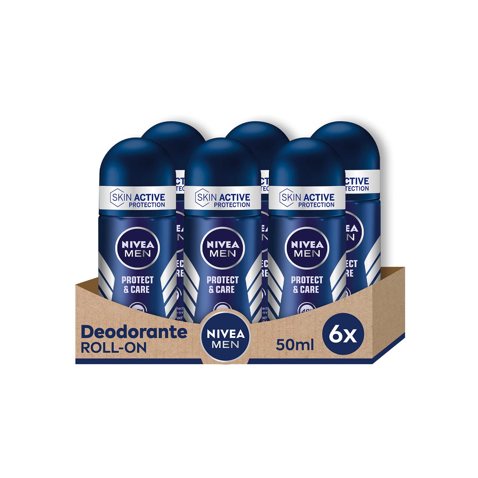 NIVEA Men Protect & Care Roll-On Antiperspirant Deodorant 6 x 50 ml, Men's Deodorant with 0% Alcohol, Deo Roll with NIVEA Men Care Complex, Regulates Breathability for 48 Hours