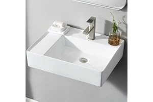 COMLLEN Wall Mount Sink, 24”x18” Wall Mounted Bathroom Sink with Self Rimming Countertop, 24 Inch Rectangle Vessel Floating Sink White Porcelain Ceramic Wall Hung Lavatory Vanity Sink