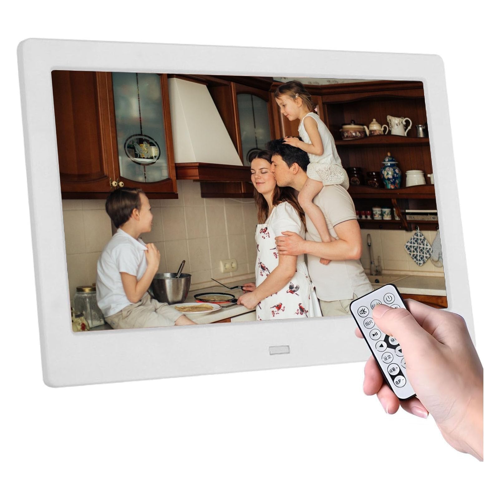 Haipky 7" HD IPS Digital Photo Frame - 1080P Video, Auto On/Off, Image Preview, MP3, Calendar, Clock, Remote Control, White