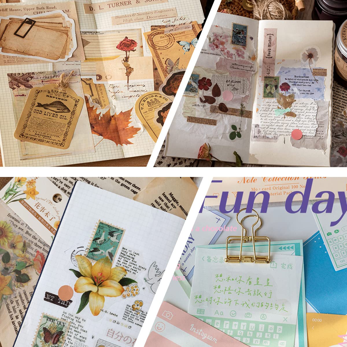 501PCS Vintage Scrapbook Paper, Scrapbooking Supplies Set Journaling Kit Include 460pcs Thin Decorative Paper, 40pcs Flower Stickers, and 1 Double-Side Adhesive Tape for Junk Journal Ephemera Planner
