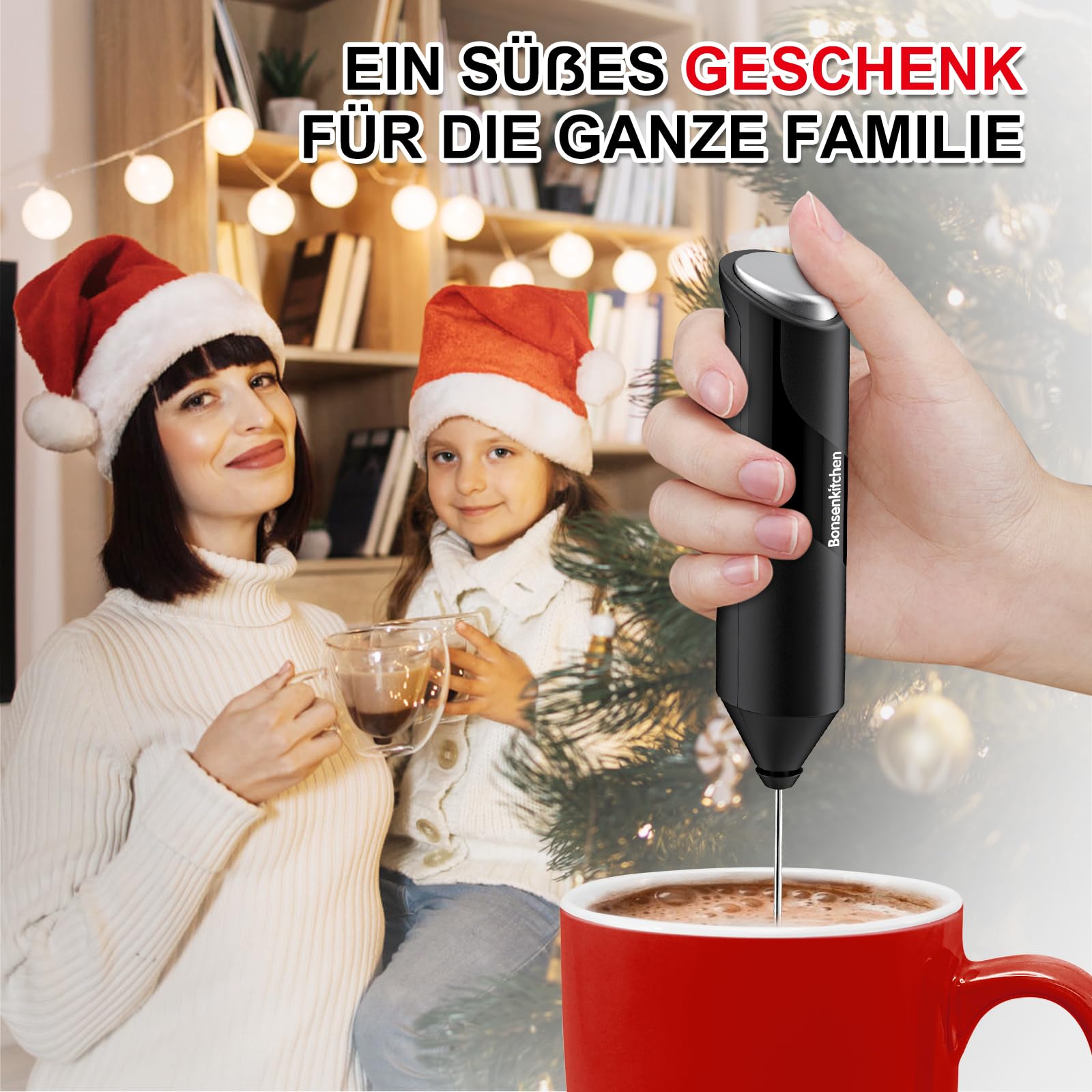 Bonsenkitchen Elektrische Milchaufschäumer, Handheld Milchschäumer Stab für Kaffee, Geschenkschaumbereiter für Kaffeeliebhaber, Latte Macchiato, Cappuccino, batteriebetrieben, Kaffeemixstab-Schwarz 7